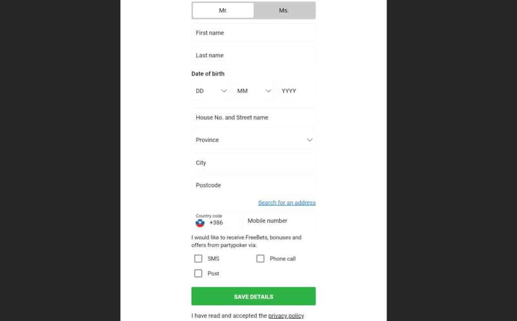 Registracija partypoker